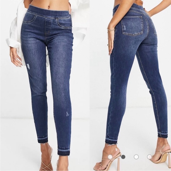 SPANX Distressed Ankle High Rise Skinny Jeans: Medium Wash